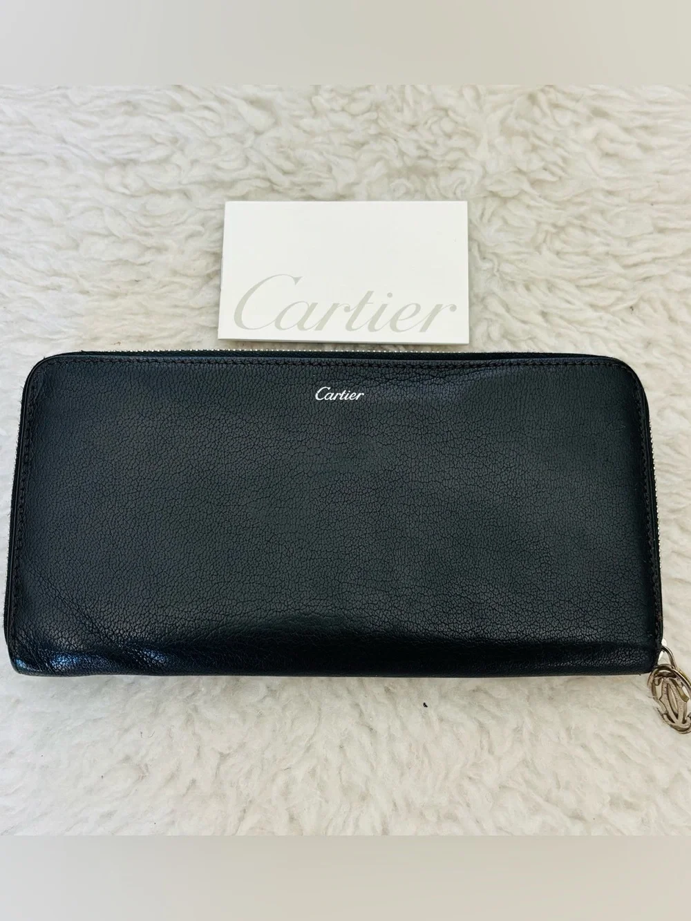 Cartier Black Leather Zip Around Flap Back Pocket Long Wallet w/ Booklet